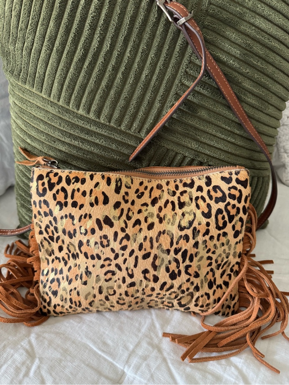 Leopard Print genuine leather Fringe Crossbody Bag in Tan and Black